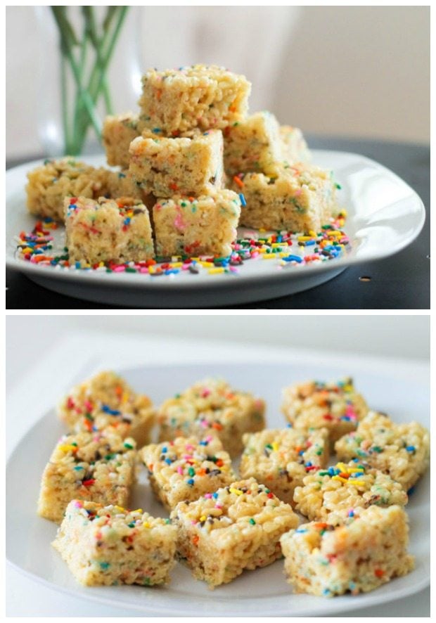 two pictures of cake batter rice krispie treats