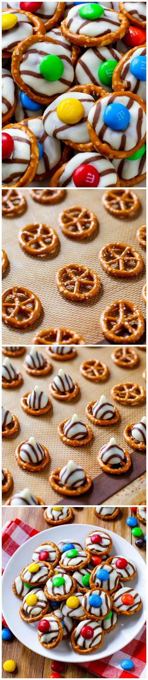 4 images of making pretzel M&M hugs including finished dessert, pretzels on a baking sheet, hugs on pretzels, and pretzel M&M hugs on a plate