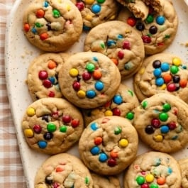 peanut butter M&M cookies on platter.