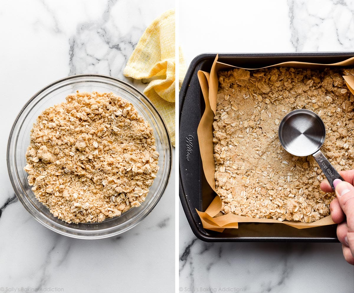 crumble crust and topping mixture in bowl and shown in bottom of baking pan