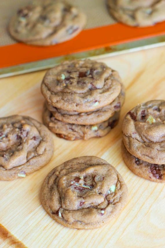 stacks of Andes mint chocolate chunk cookies