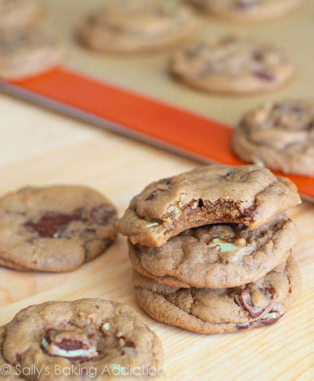 stack of Andes mint chocolate chunk cookies with a bite taken from one