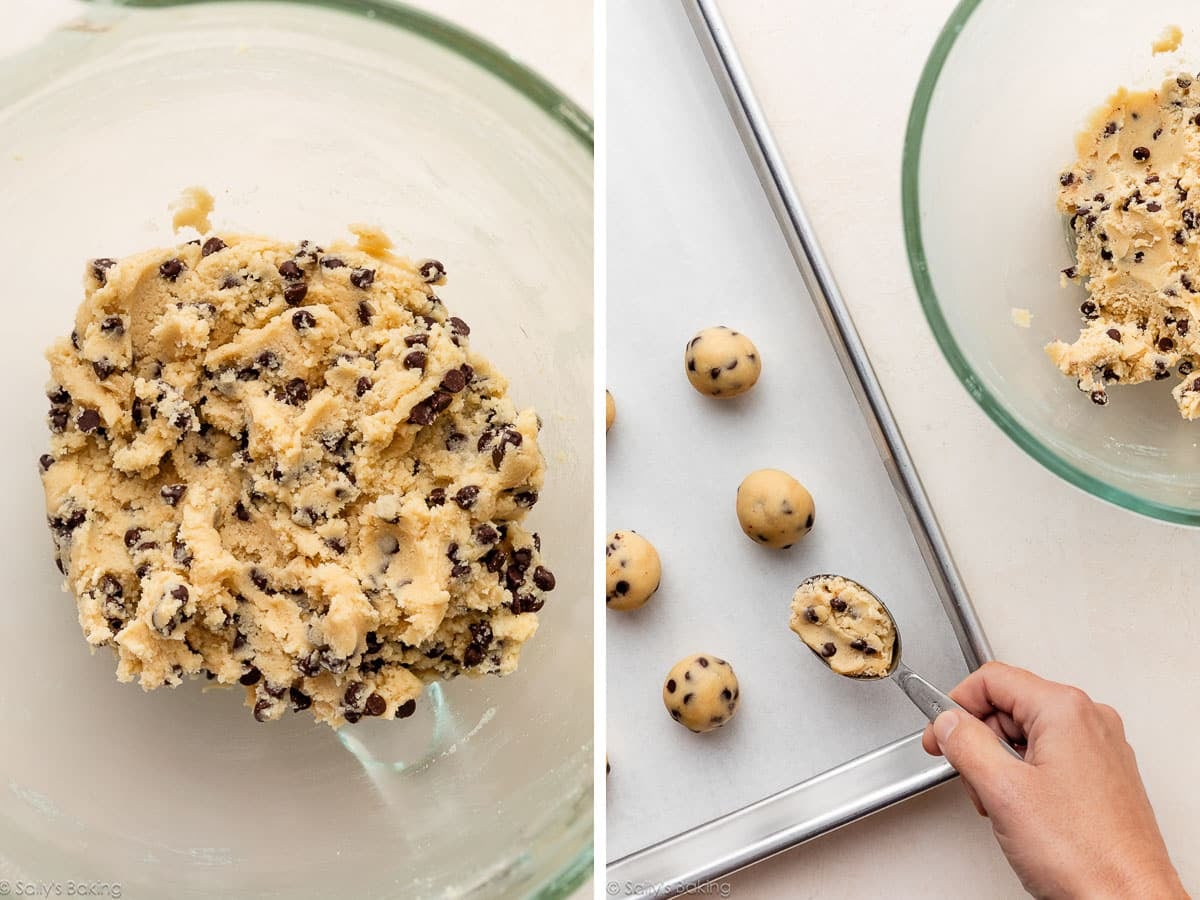 chocolate chip cookie dough in glass bowl and shown again being measured.