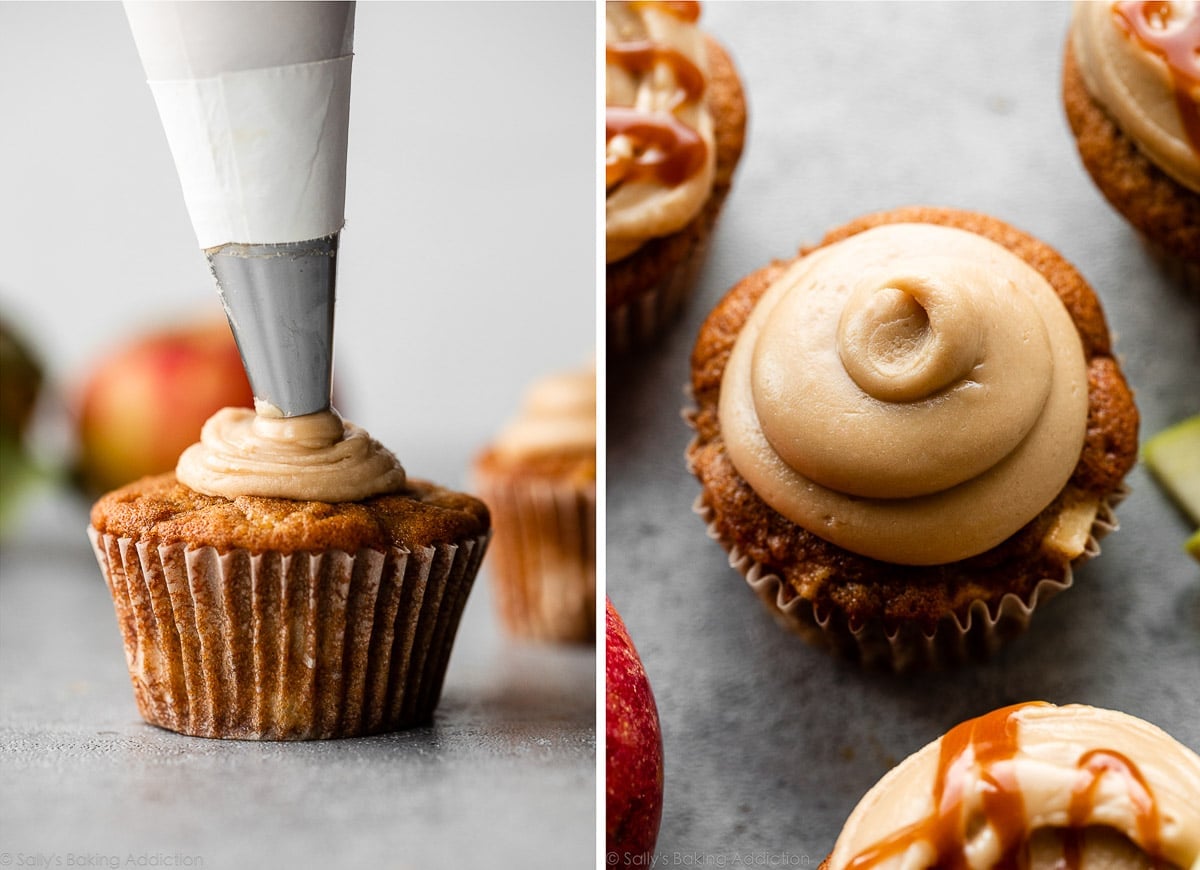 piping frosting on cupcake with piping bag and shown again piped and finished.