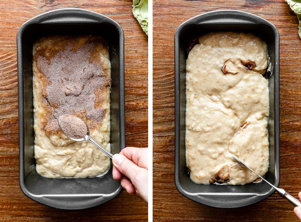 spoon sprinkling cinnamon sugar over batter in loaf pan and batter shown again swirled with a knife.