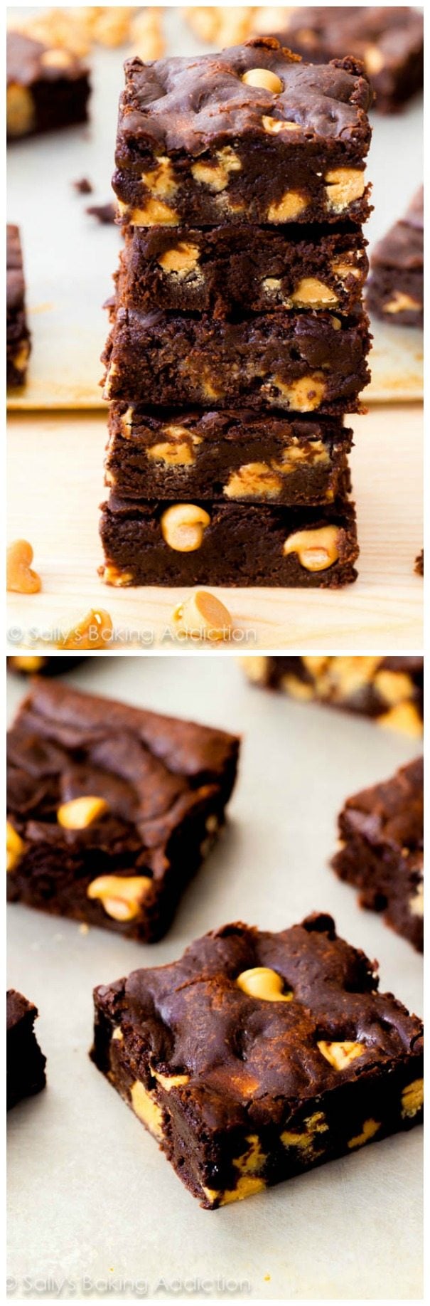 2 images of brownies with peanut butter chips