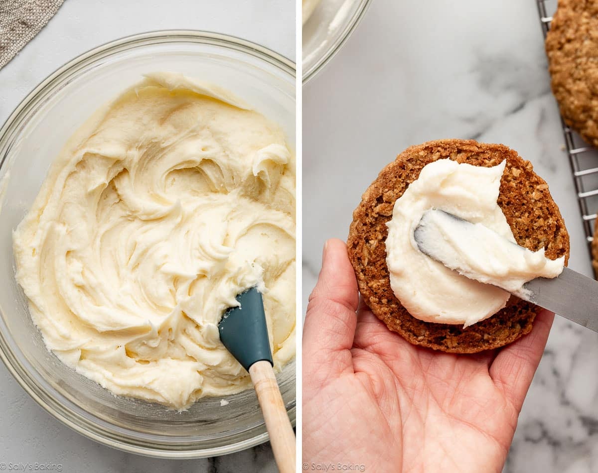 cream frosting in bowl and shown again being spread on bottom of a cookie.