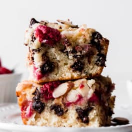 dark chocolate raspberry coffee cake in baking pan