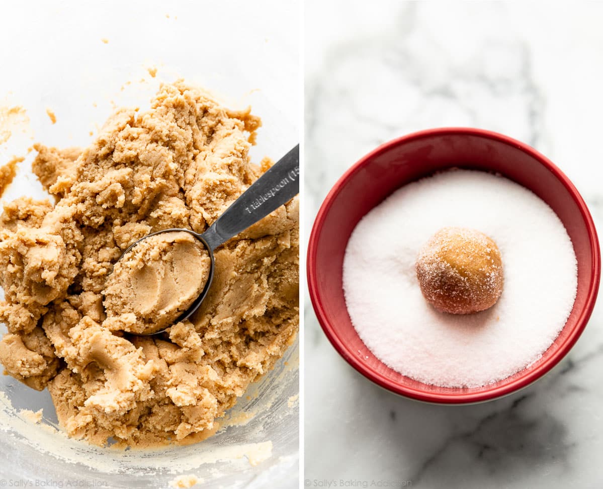 cookie dough in bowl and rolled in granulated sugar