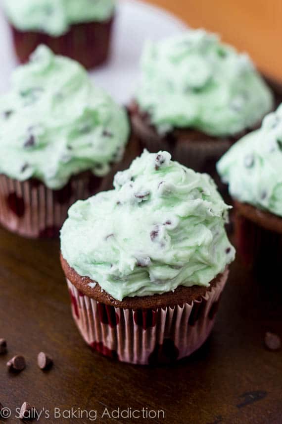 chocolate cupcakes topped with mint chip frosting