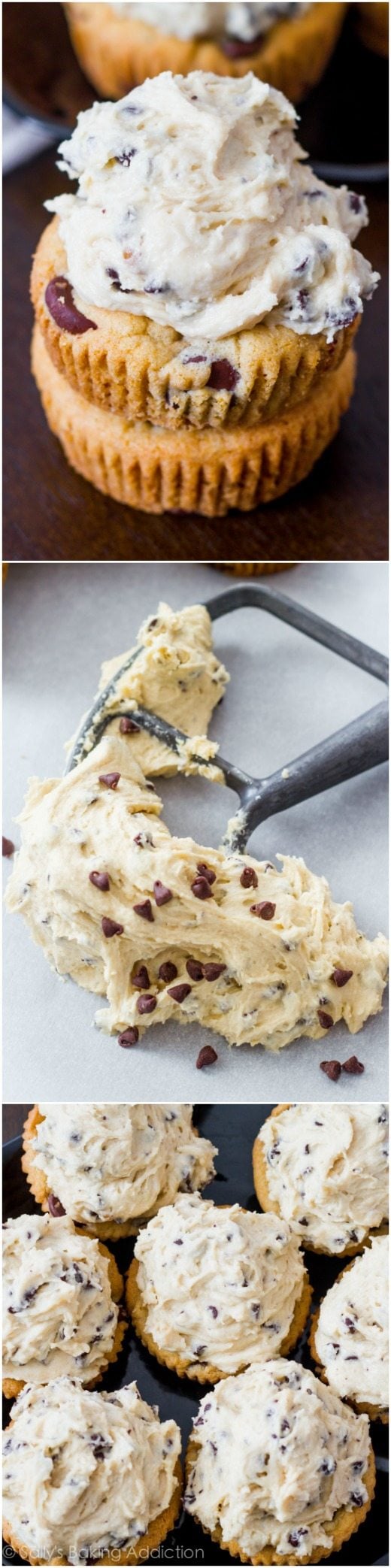 3 images of chocolate chip cookie cups topped with cookie dough frosting, cookie dough frosting on a paddle attachment, and chocolate chip cookie cups topped with cookie dough frosting