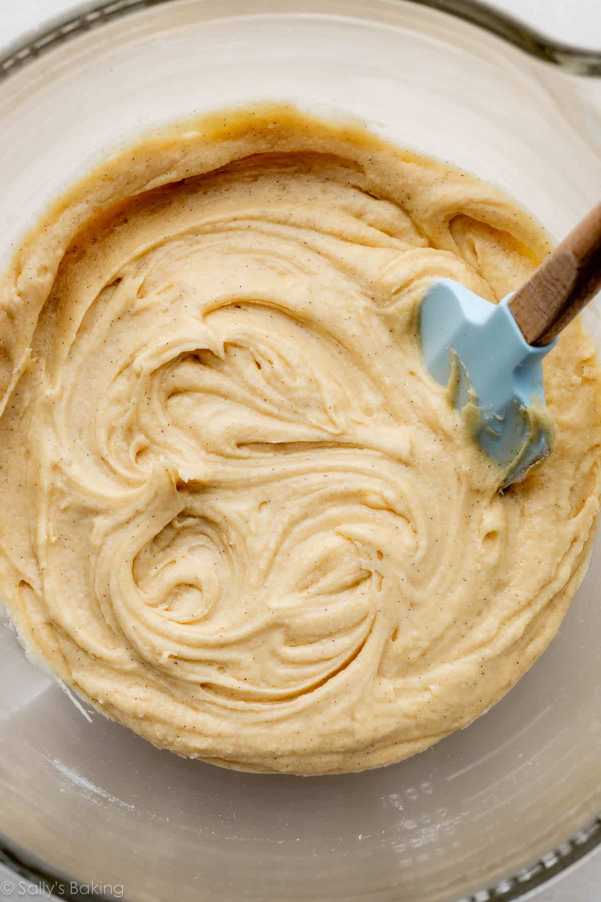 thick batter in glass bowl.