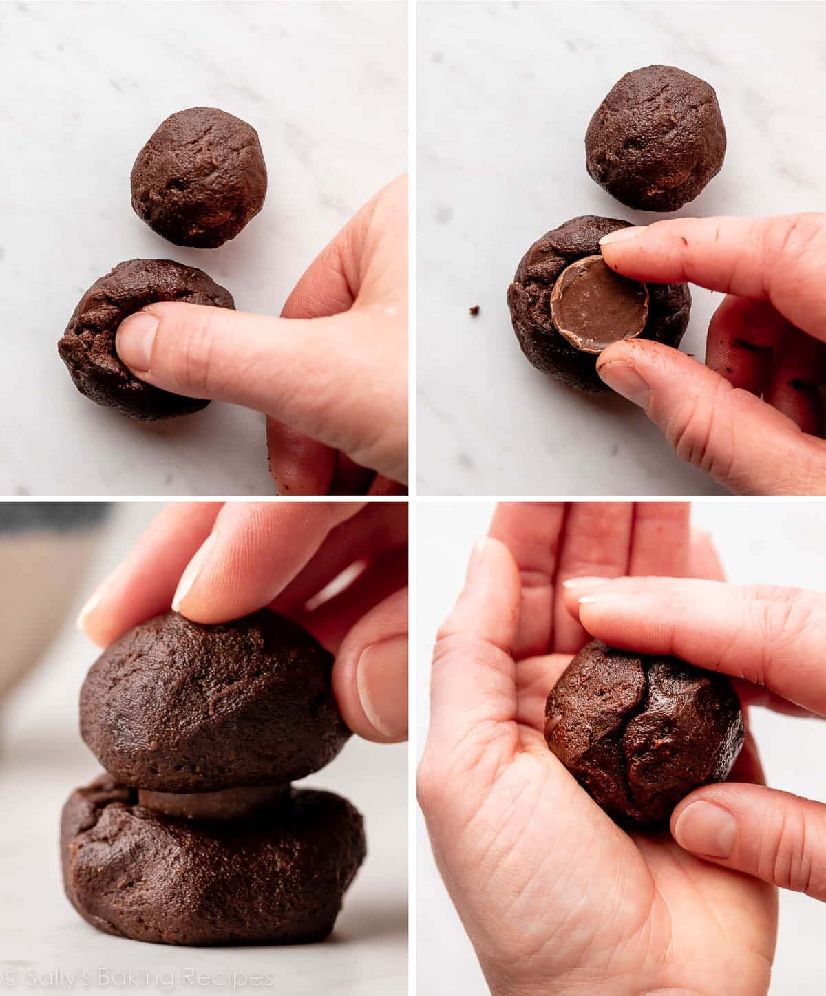 hands shaping chocolate cookie dough with a Rolo candy stuffed inside.