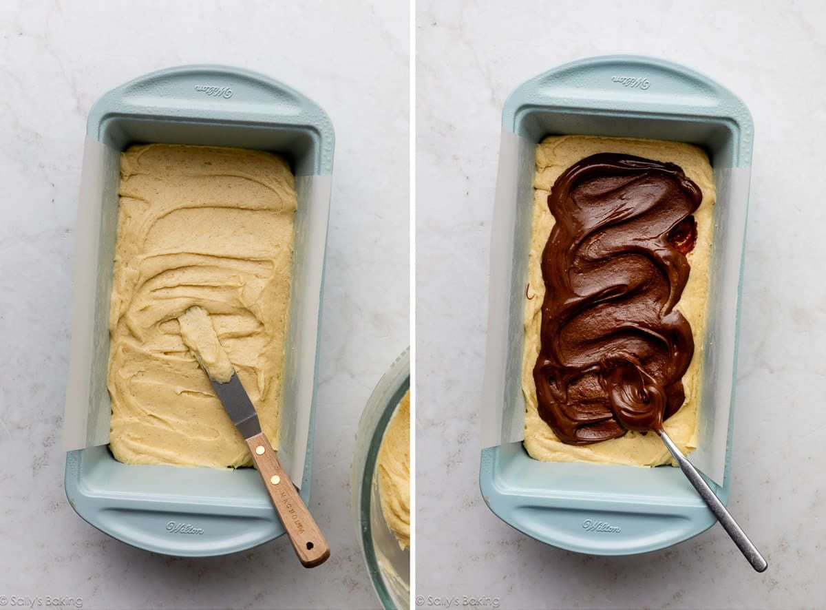 batter being spread into blue pan and shown again with Nutella on top.