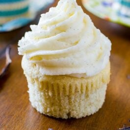 vanilla cupcake topped with vanilla buttercream