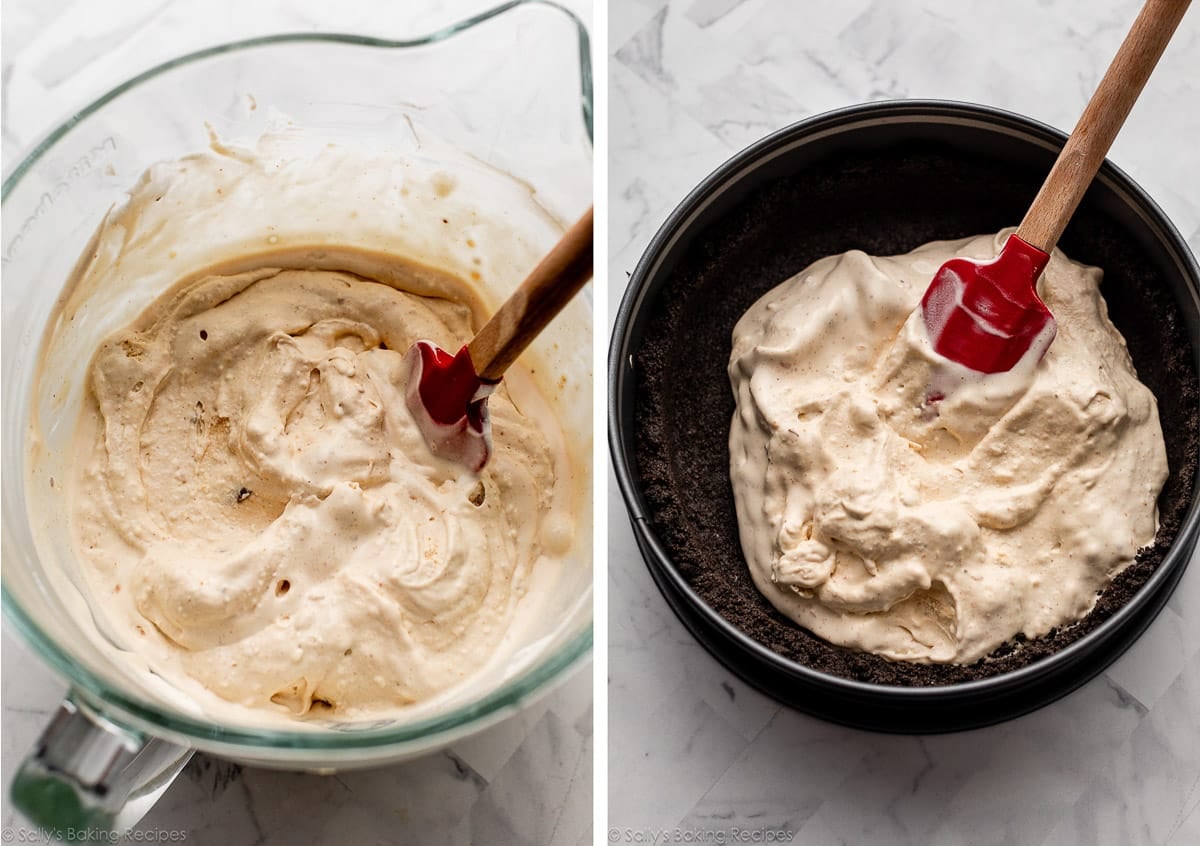 ice cream in mixing bowl and shown again being spread in Oreo cookie crust with red spatula.