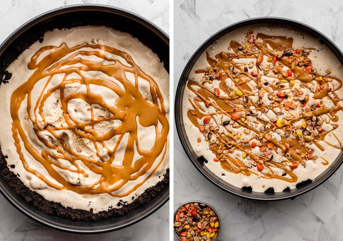 drizzled melted peanut butter and crushed Reese's Pieces over creamy mixture in springform pan.