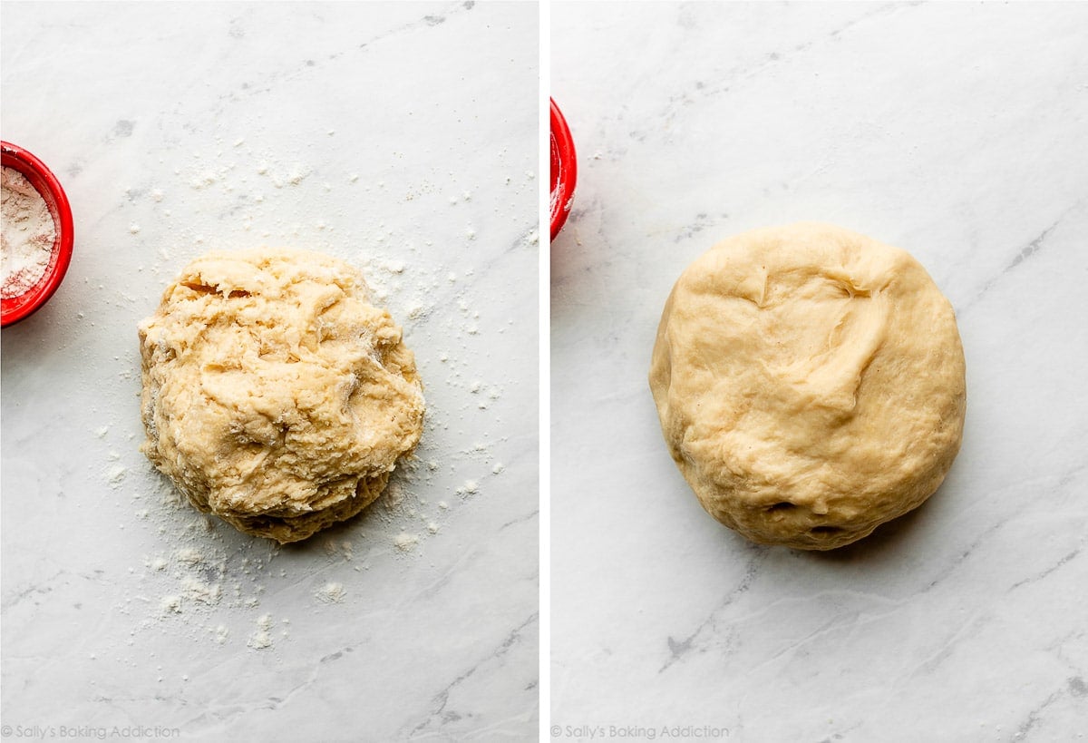 ball of dough on counter with flour sprinkled all around it and shown again a little neater after kneading.