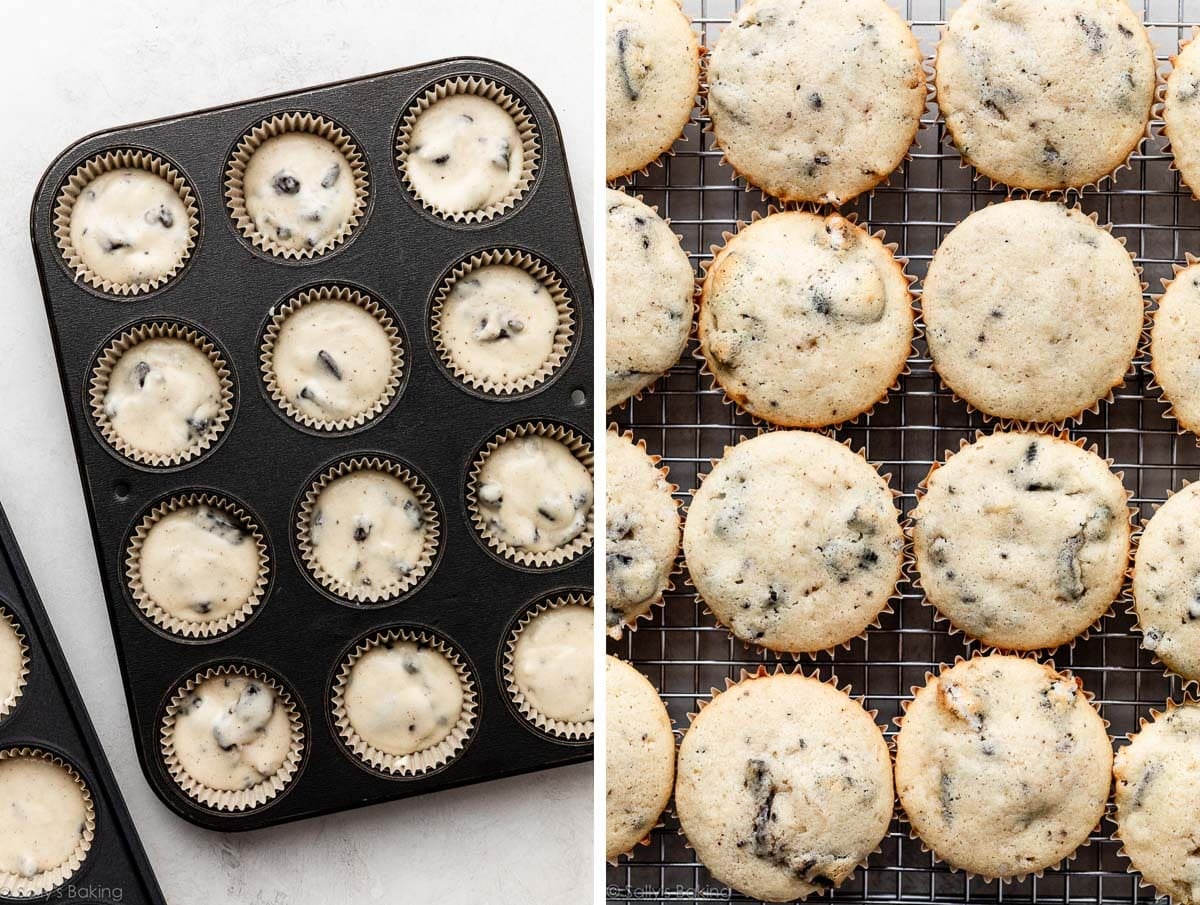 cupcake batter with oreo cookie pieces and shown again after baking.