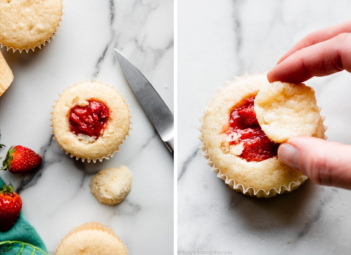strawberry filling in cupcake and shown again with hand putting cupcake top back on.