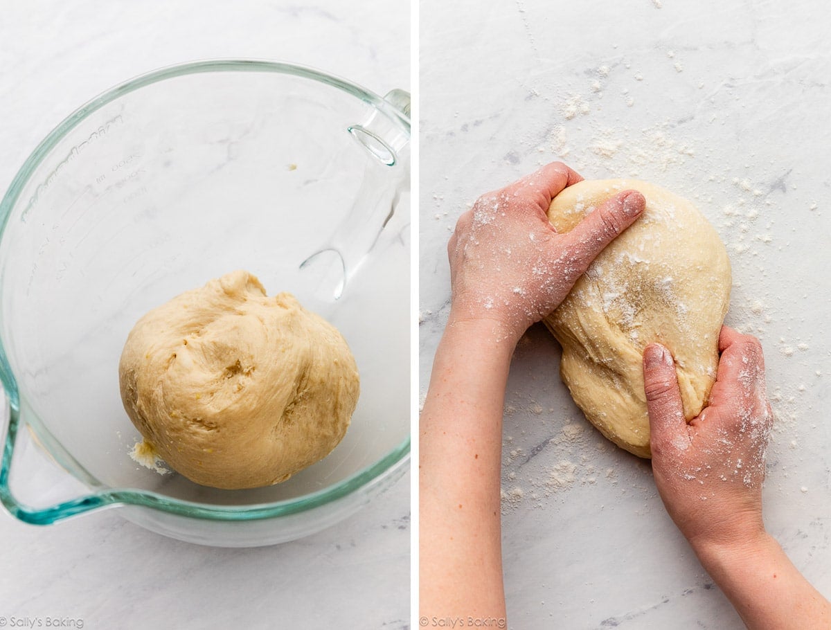 dough in bowl and shown again being kneaded.