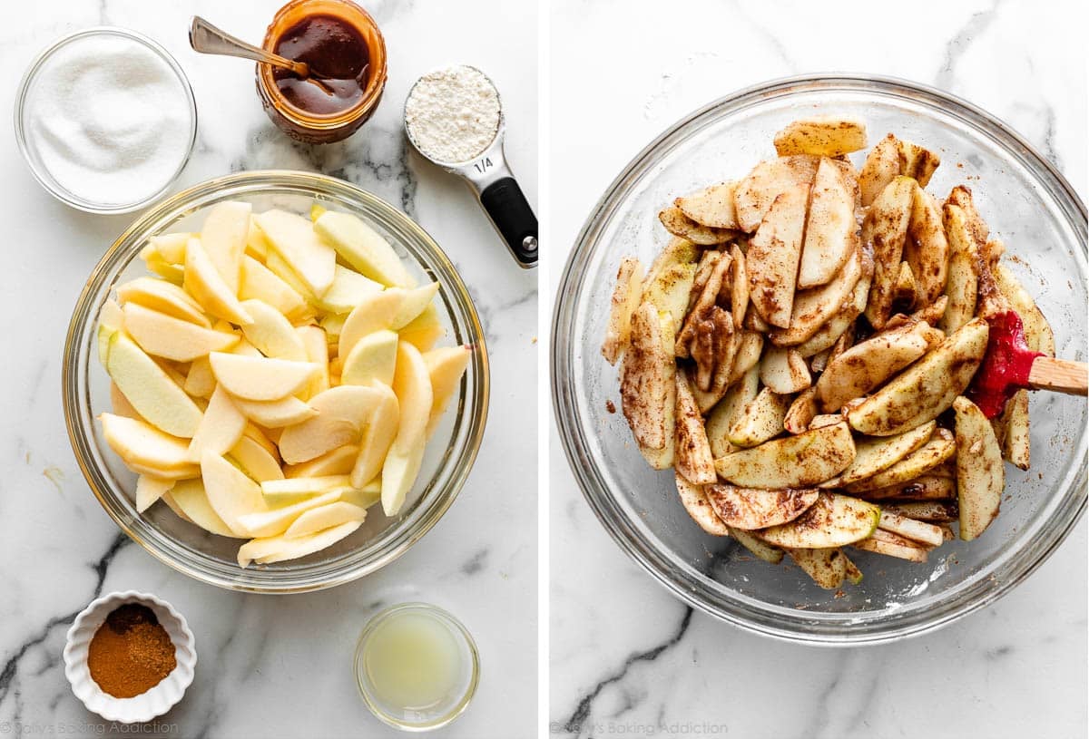 bowl of sliced apples with ingredients surrounding it and shown again mixed together.