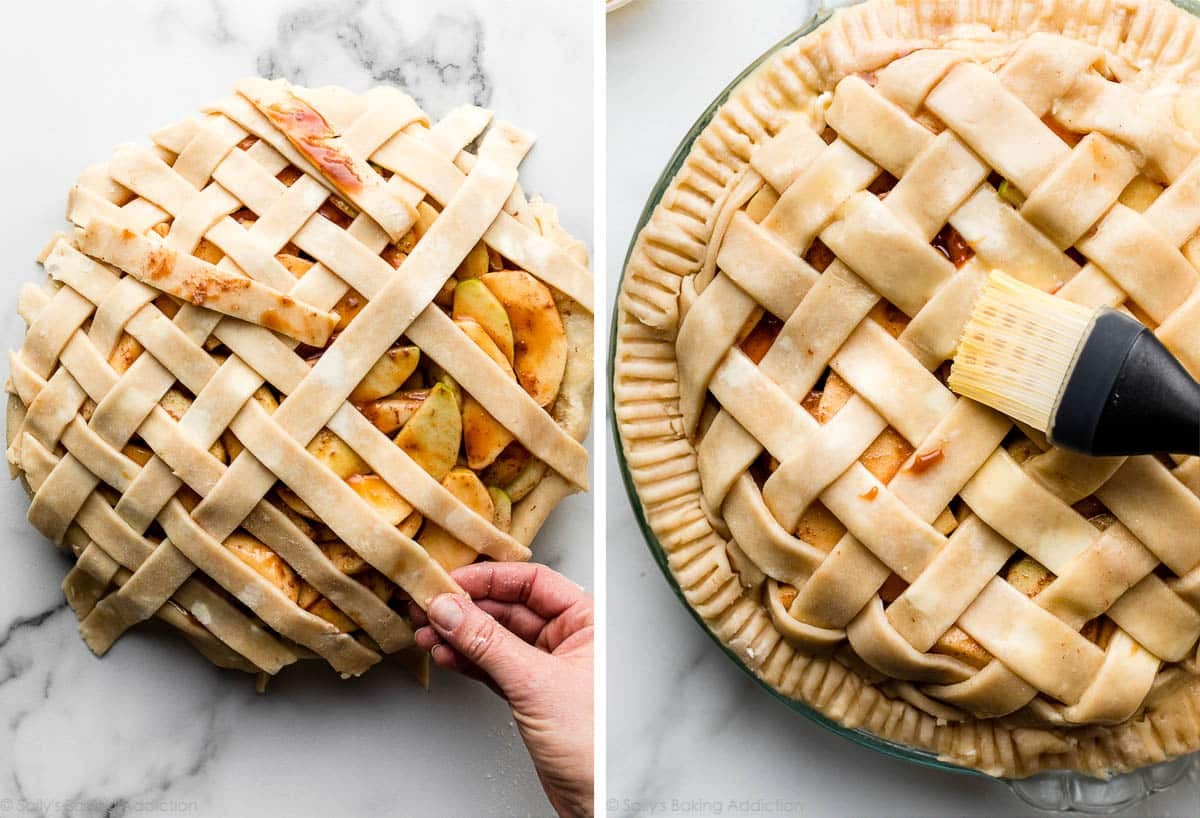 hand latticing pie crust and brushing egg wash on top.