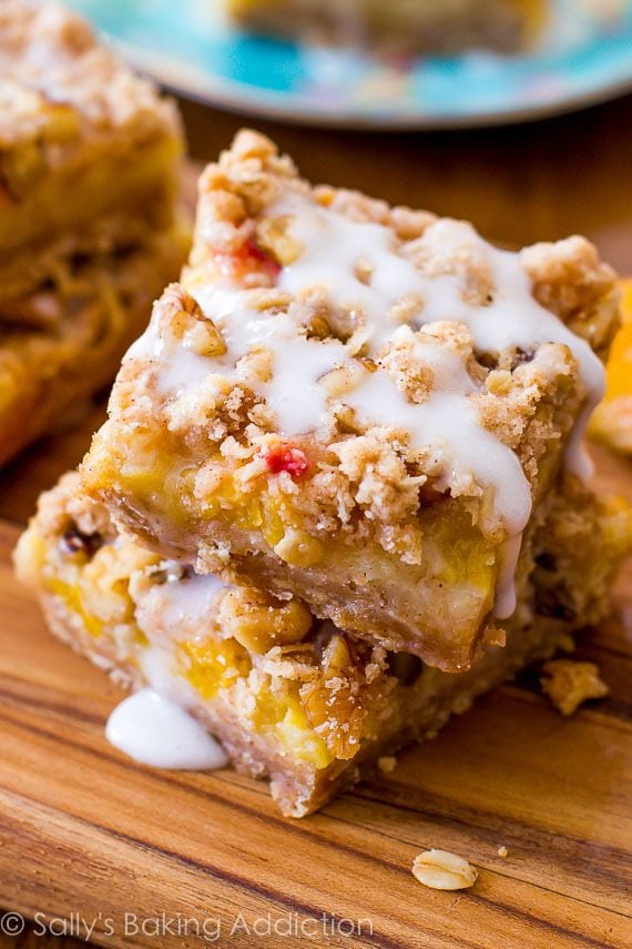 peaches and cream bars with vanilla icing