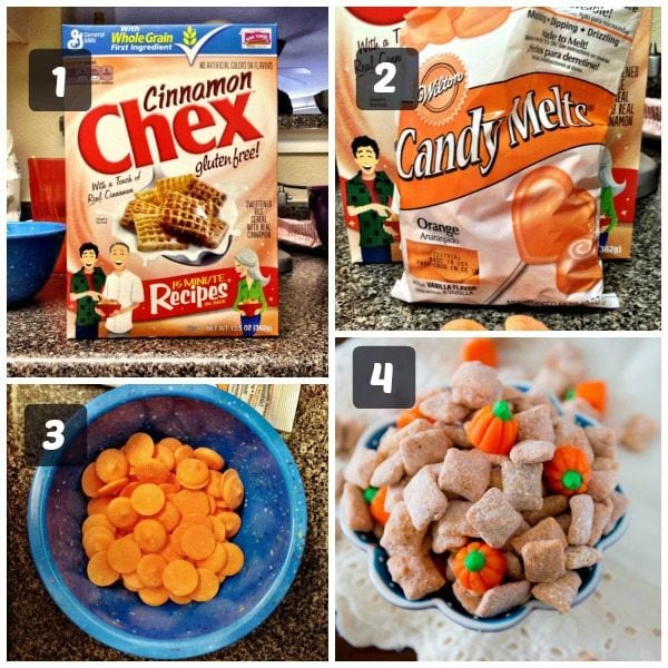 collage of pumpkin spice puppy chow ingredients
