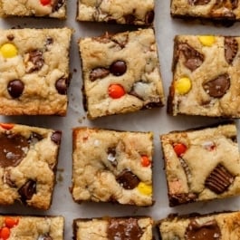 candy bar blondies cut into squares.
