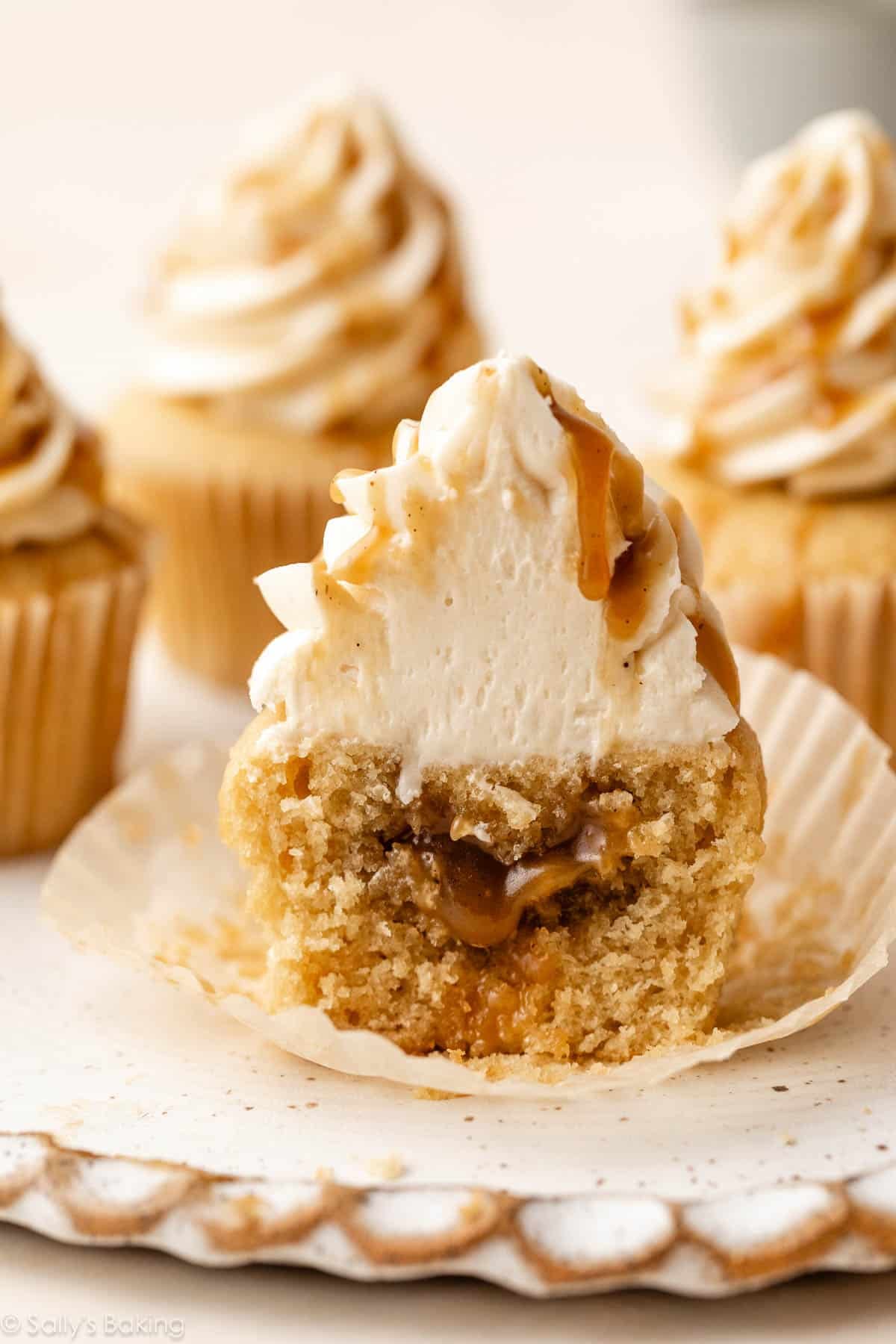 butterscotch cupcake with butterscotch sauce inside.