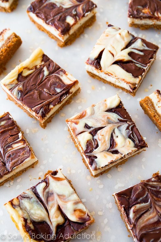overhead image of Nutella swirl cheesecake bars