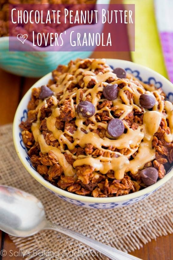 chocolate peanut butter granola in a colorful bowl