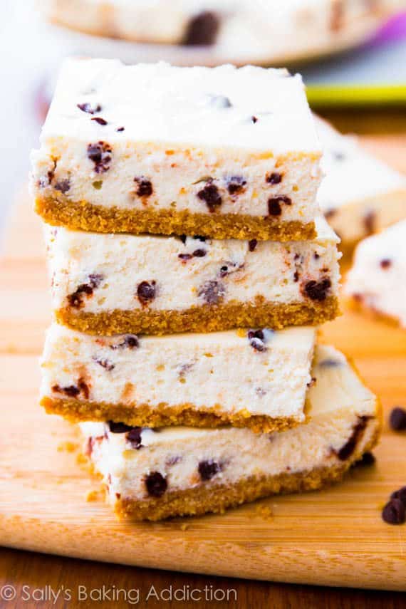 stack of chocolate chip cheesecake bars
