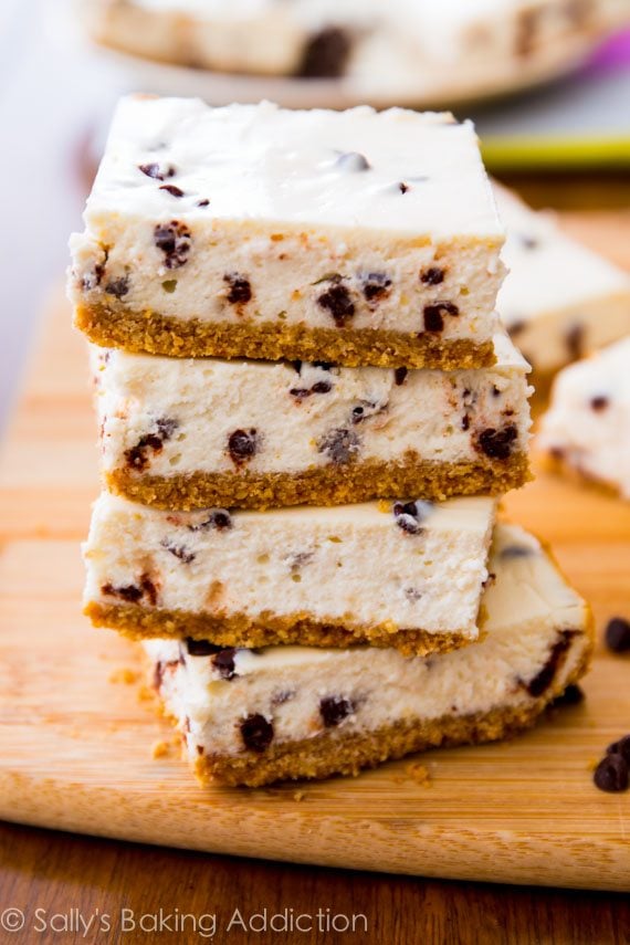 stack of 4 chocolate chip cheesecake bars