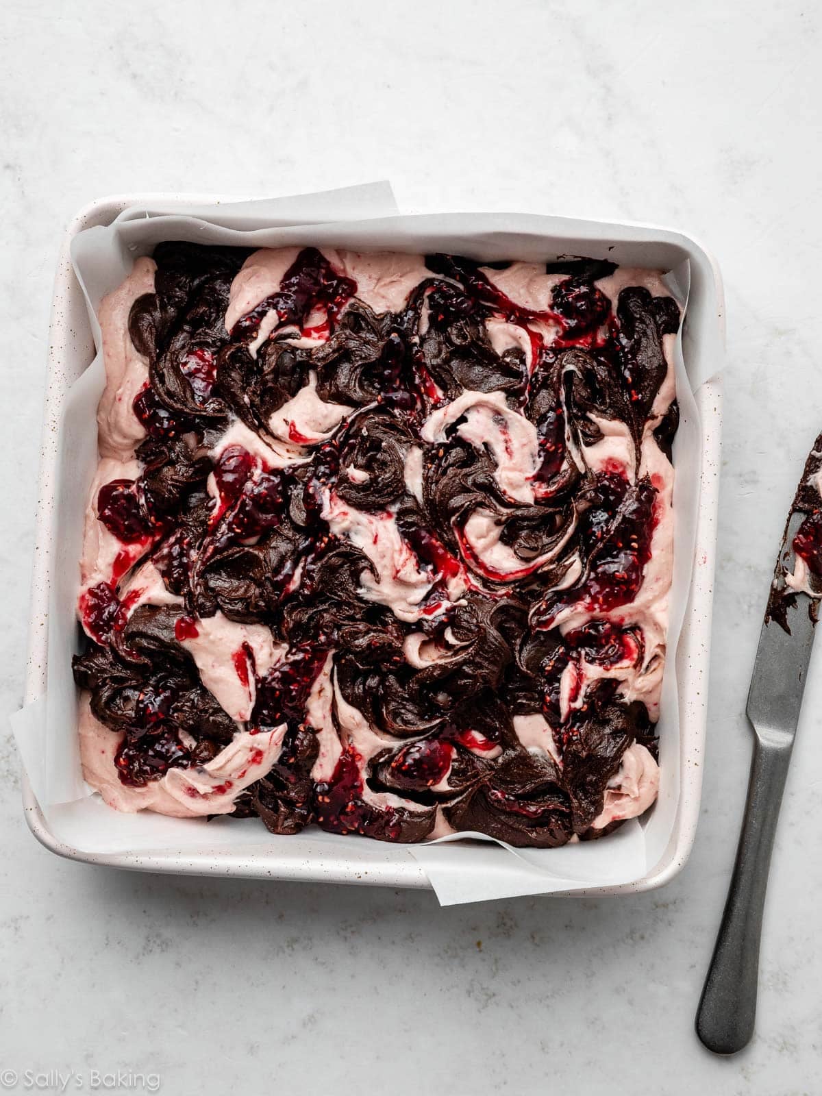 swirled mixtures in lined square pan.