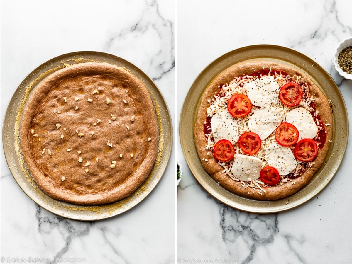 whole wheat pizza dough with pizza sauce, mozzarella cheese, garlic, and tomatoes