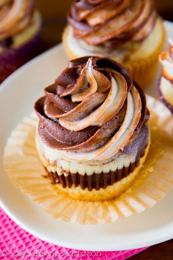 marble cupcakes topped with chocolate vanilla swirl frosting on a white plate