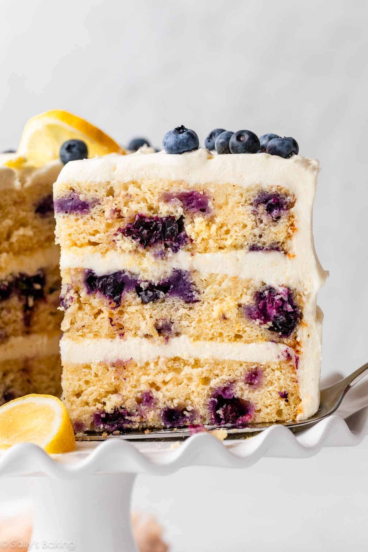lemon blueberry layer cake with cream cheese frosting.