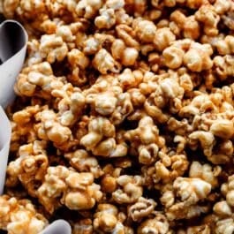 close-up of caramel popcorn in tin.