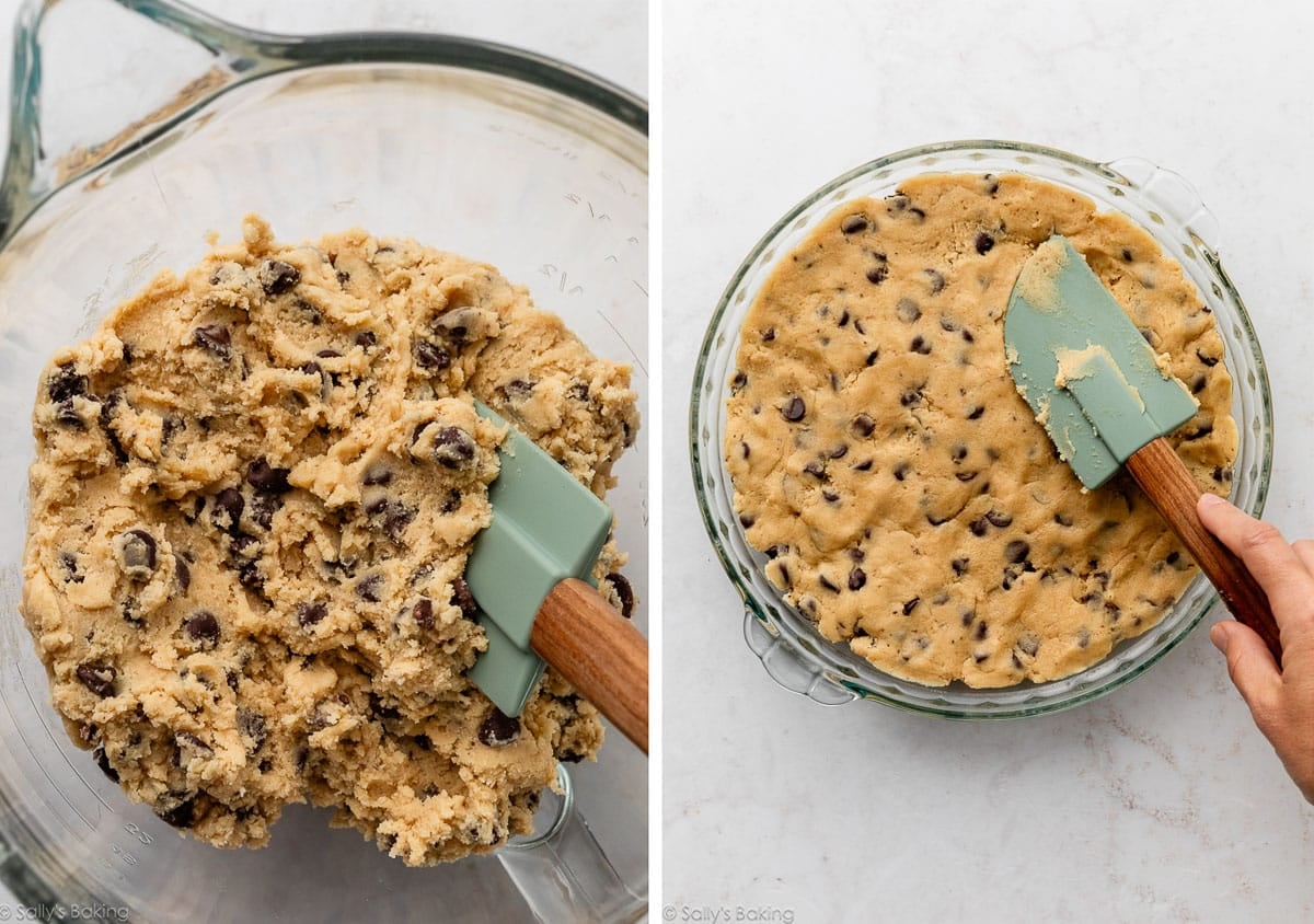chocolate chip cookie dough in bowl and shown again pressed into glass pie dish.