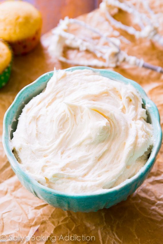 coconut frosting in a blue bowl