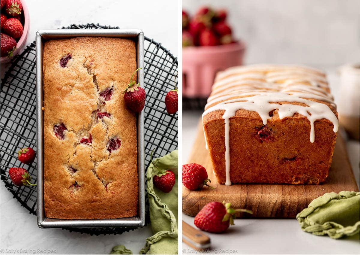 strawberry bread in loaf pan and shown again on wooden cutting board.