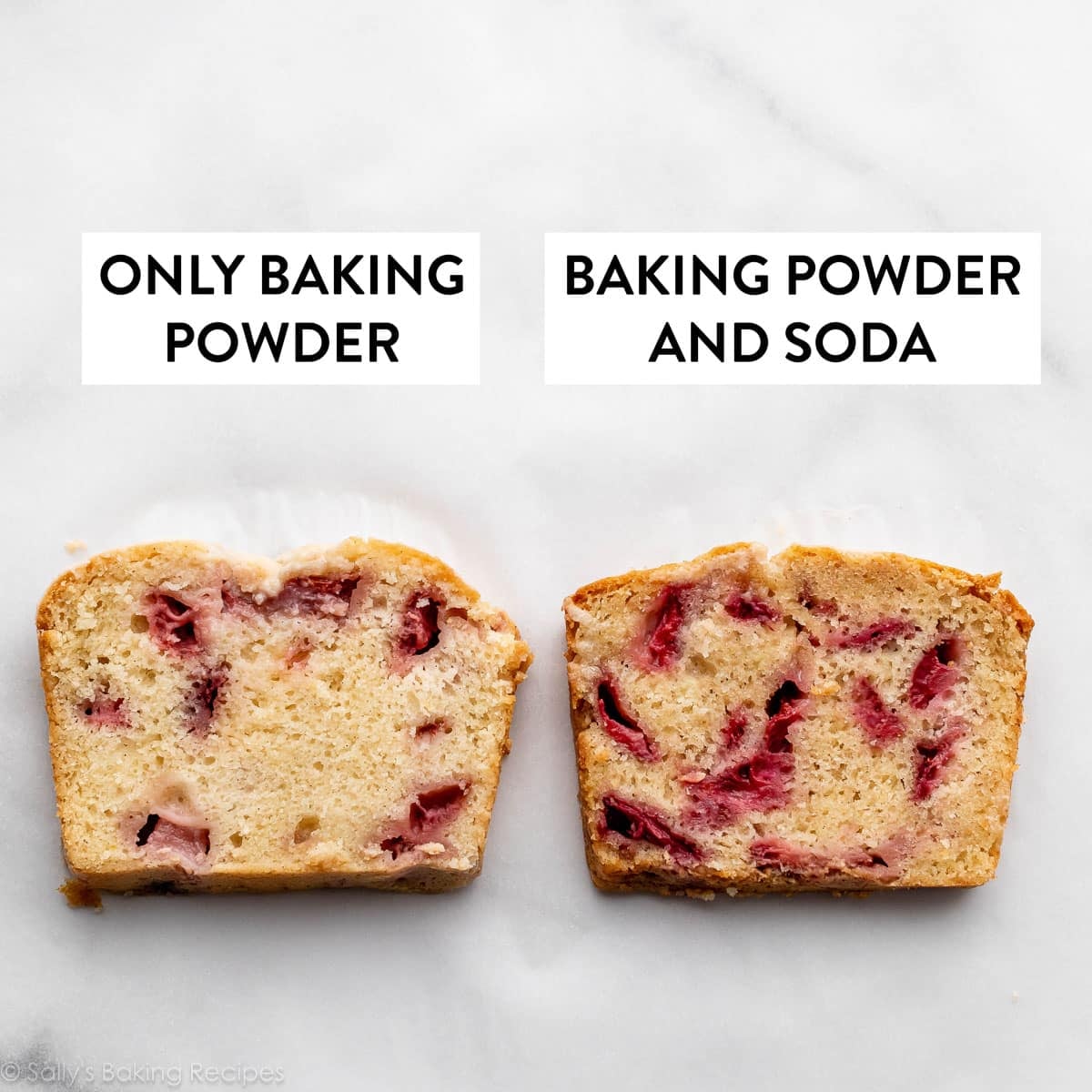 two slices of strawberry bread comparing baking powder and baking powder + baking soda versions.
