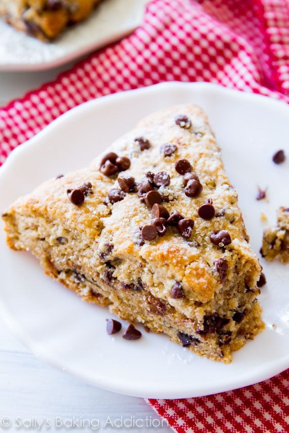 Chocolate chip scone on a white plate