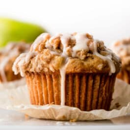 Apple cinnamon muffin with vanilla icing on top