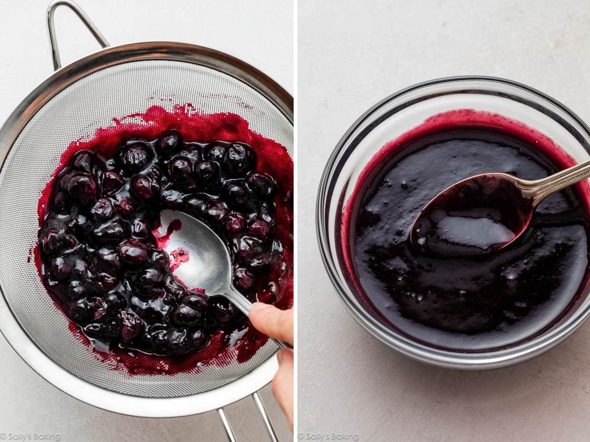 cooked sauce through strainer and shown again in bowl.