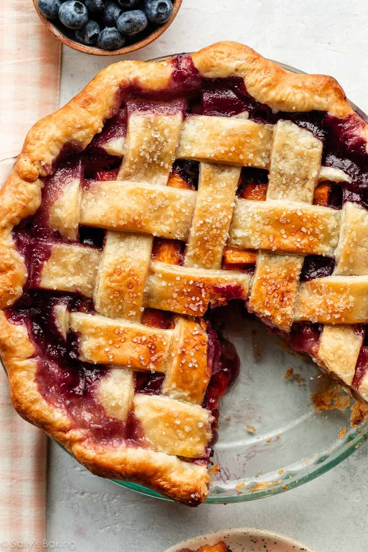 blueberry peach pie with lattice crust.