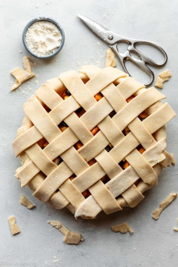 pie with lattice pie dough strips on top.