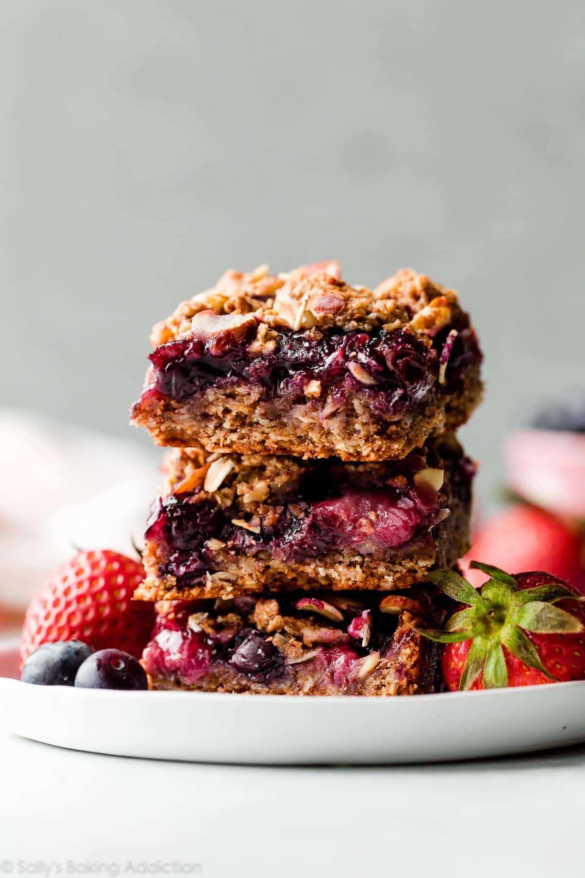 stack of healthy berry streusel oat bars